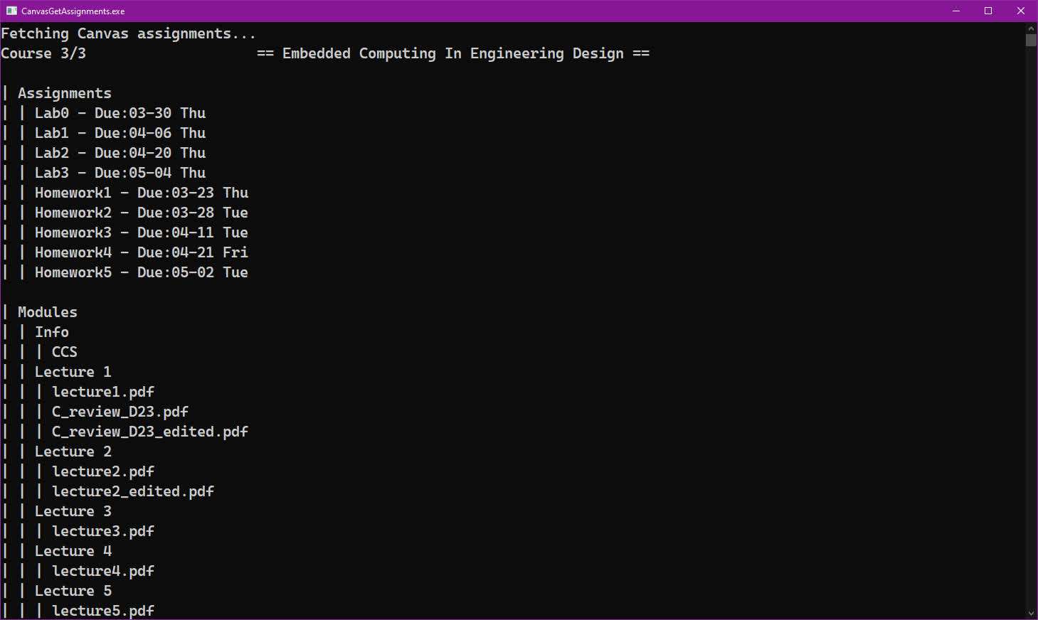 Screenshot of example output for the Canvas assignment project